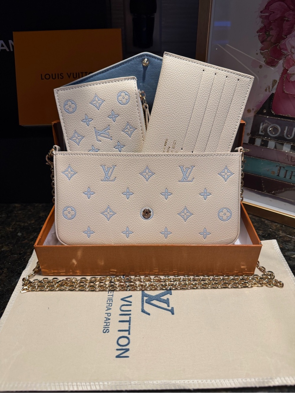 Light Baby Blue & Cream Monogram Mini Chain Crossbody Clutch